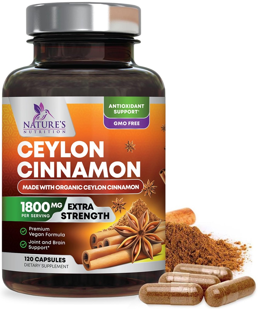 Organic Ceylon Cynamon Supplement 1800mg - Certified Organic Ceylon Cynamon w proszku Pigułki - Energy & Heart Support for Women & Men, Butelka w USA, Antyoksydant, Gluten Free, Non-GMO - 120 Kapsułki