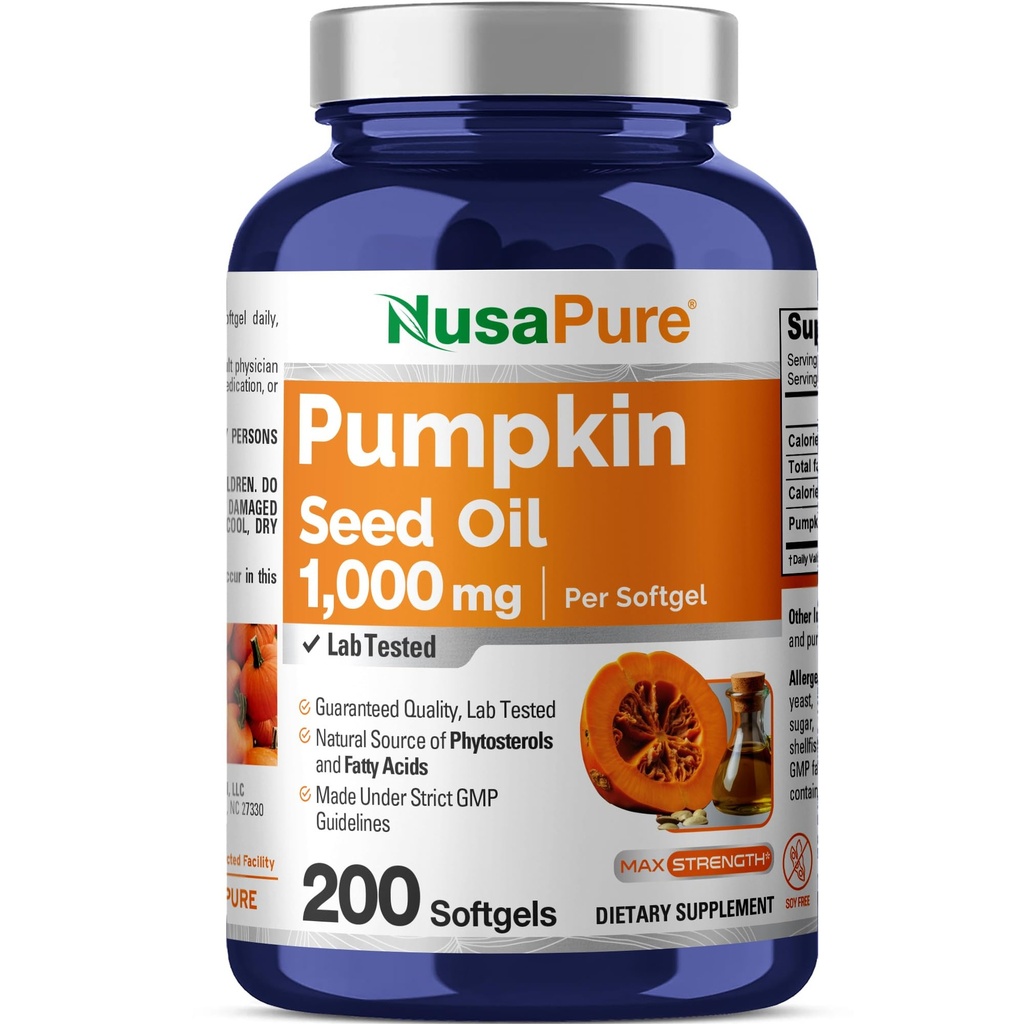 NusaPure Pumpkin Seed Oil 1000mg 200 Softgel Kapsułki (Non-GMO, Soyfree) Natural Occurring Phytosteroli