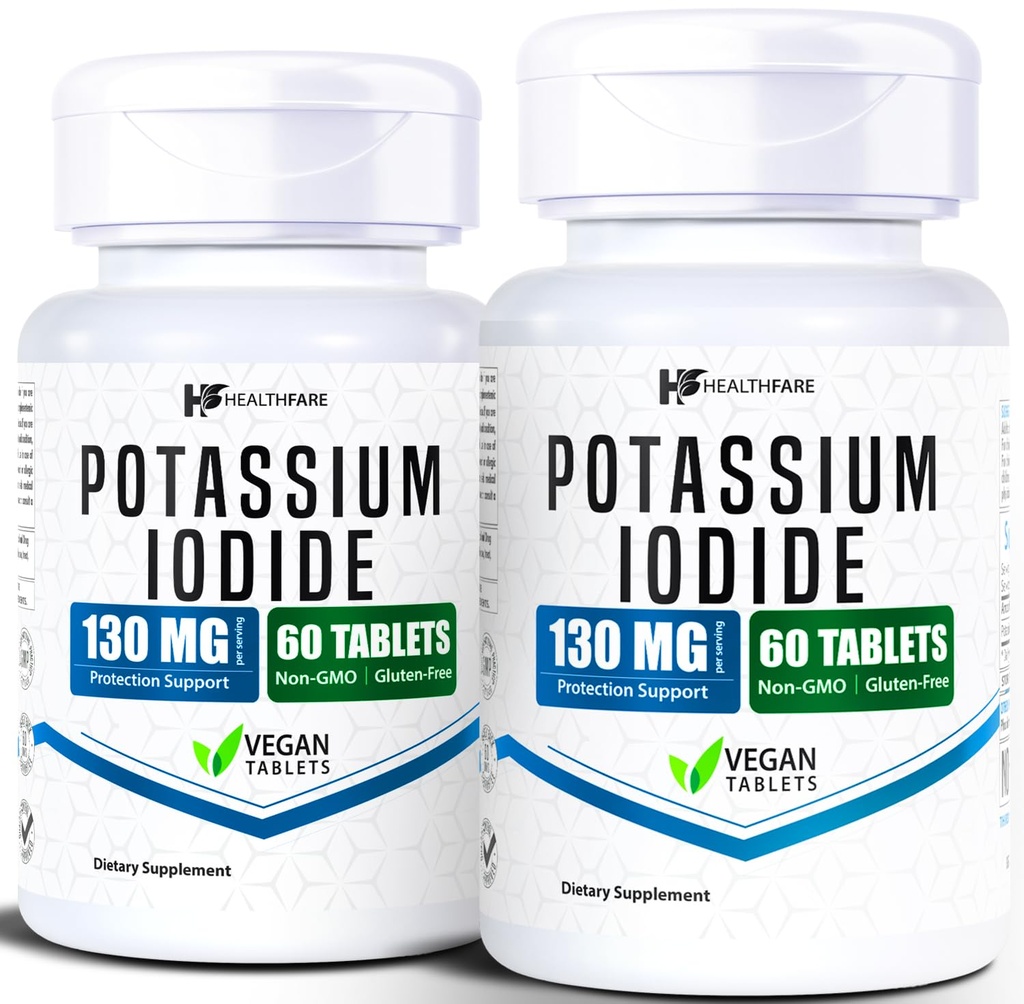 Tabletki Inodide Potasu HealthFare 124; 130 mg 124; 120 tabletek rozpuszczających szybko (2 opakowania) 124; Ki Pills 124; Długi okres trwałości 124; Nie-GMO