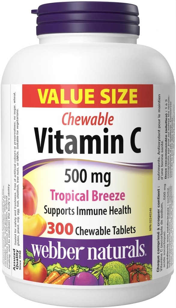 Webber Naturals Witamina C, 300 Tabletki do rozgryzania i żucia Tropical Breeze Flavor, 500 mg witaminy C na tabletkę, kości, zębów, immunologiczne i przeciwutleniacze Wsparcie, Nie GMO, Dairy & Gluten Free