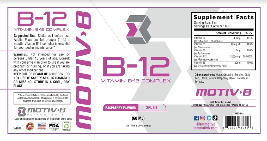 Motyw-8 Essentials Witamina B- 12 Krople, Podjęzykowe, Łatwe do przyjęcia suplement płynny, Wsparcie zdrowia oczu, Energia mózgowa, System nerwowy, Cognition & Pamięć (60 Służenie, Malina)