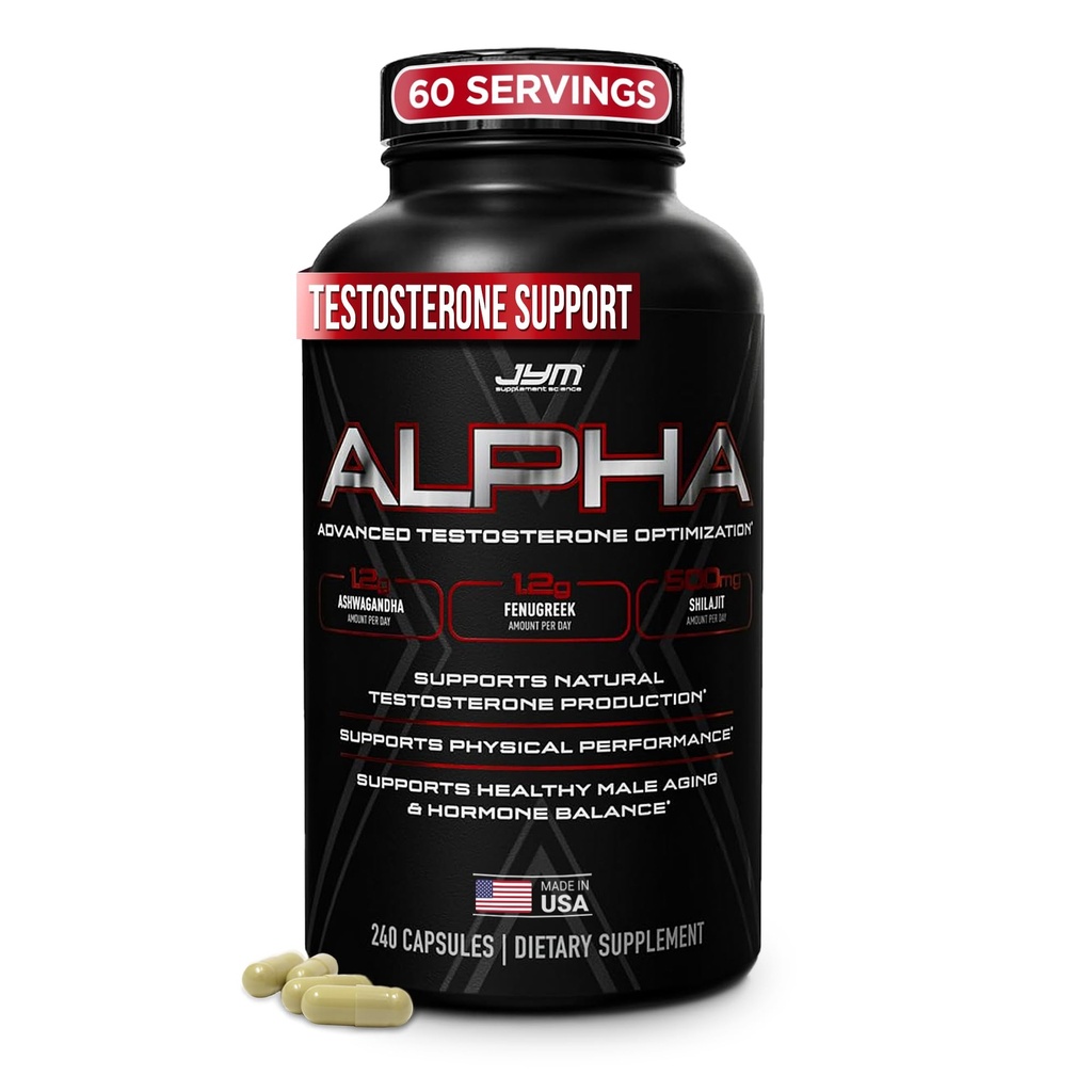 Alpha JYM X Zaawansowana optymalizacja hormonu, Witalność, Optymalizacja, DHEA, Ashwagandha, Boron, Shilajit, Fenugreek, Eurycoma, Damiana, Quercetin, DIM, JYM Supplemental Science, 240 Kapsułki