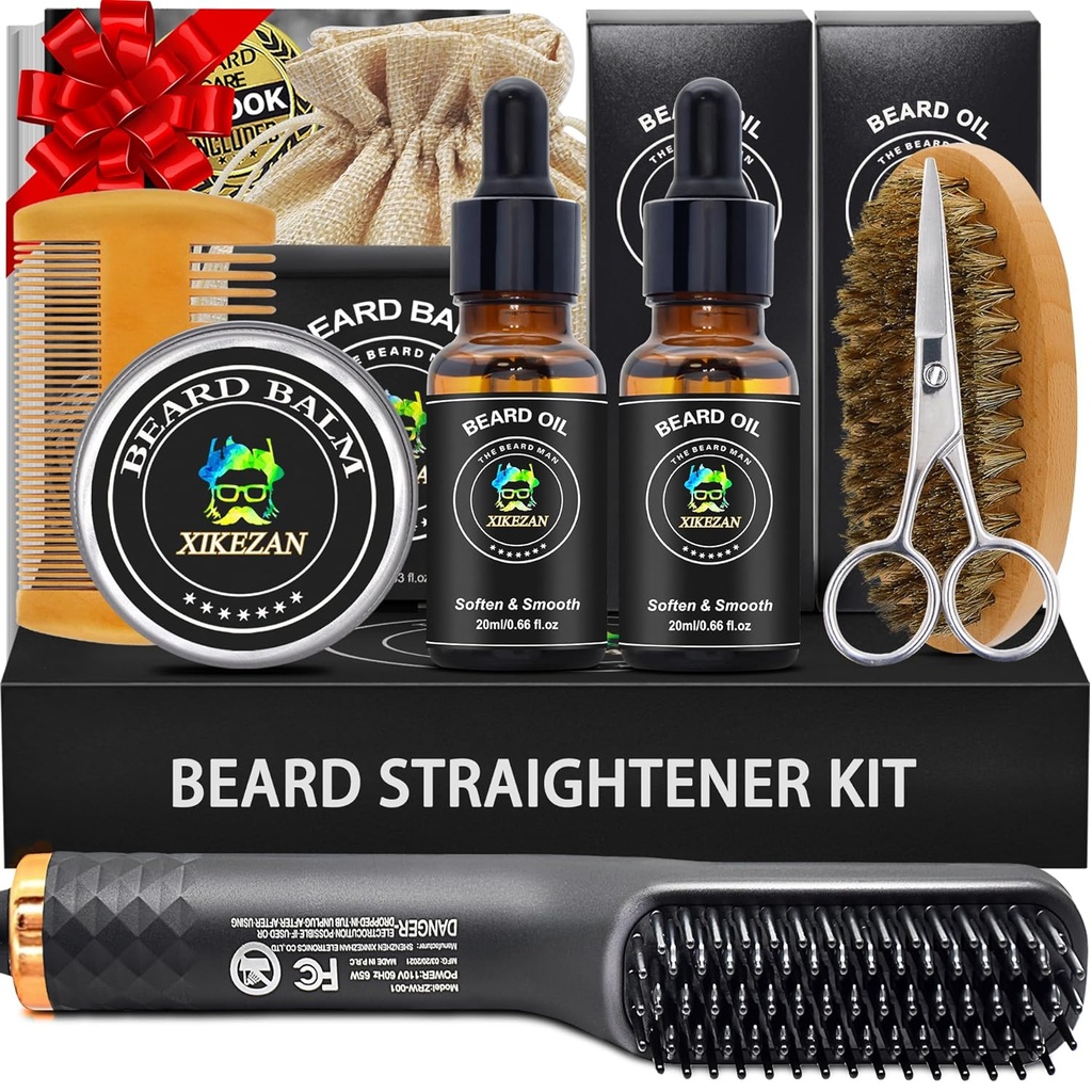 XIKEZAN Beard Kit for Men Grooming & Zestaw do prostowania, w / Beard Straightener, 2 Pack Oil, Balsam, Comb, nożyce, Szczotka, Urodziny Valentines prezenty dla niego Tata Mężczyźni Boyfriend Boże Narodzenie Stocking Stuffers