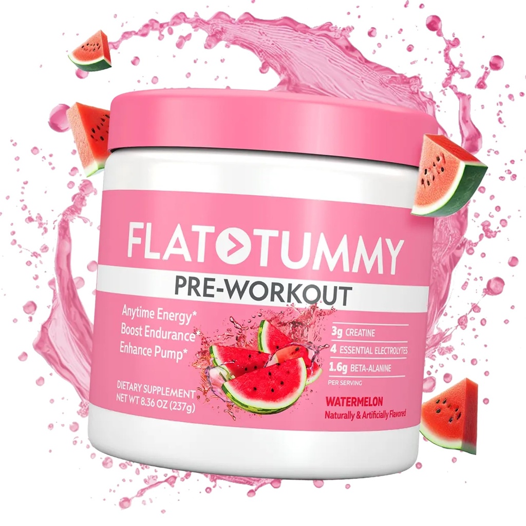 Pre Workout Flat Tummy proszek dla kobiet - Energia, Wytrzymałość i wsparcie mięśni z 3g Kreatyna, 1.6g Beta- Alanina, Elektrolity - Arbuz Flavor - 30 Służenia