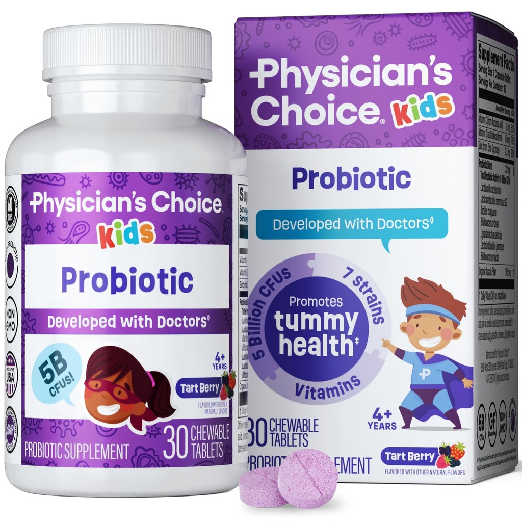 Probiotyki CHOICE dla dzieci - 7 różnych szczepów, Prebiotyki Organiczne, Witaminy i Minerały - Klinicznie badane L. Rhamnosus GG - Immune & Digestive Support - No Sugar or Sztuczne barwniki