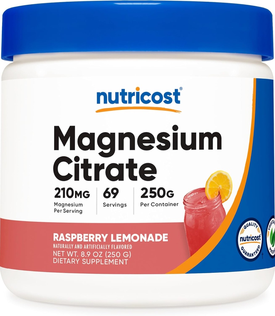 Nutricost Magnezu Cytrynian w proszku (Lemoniada malinowa, 250 gramów)