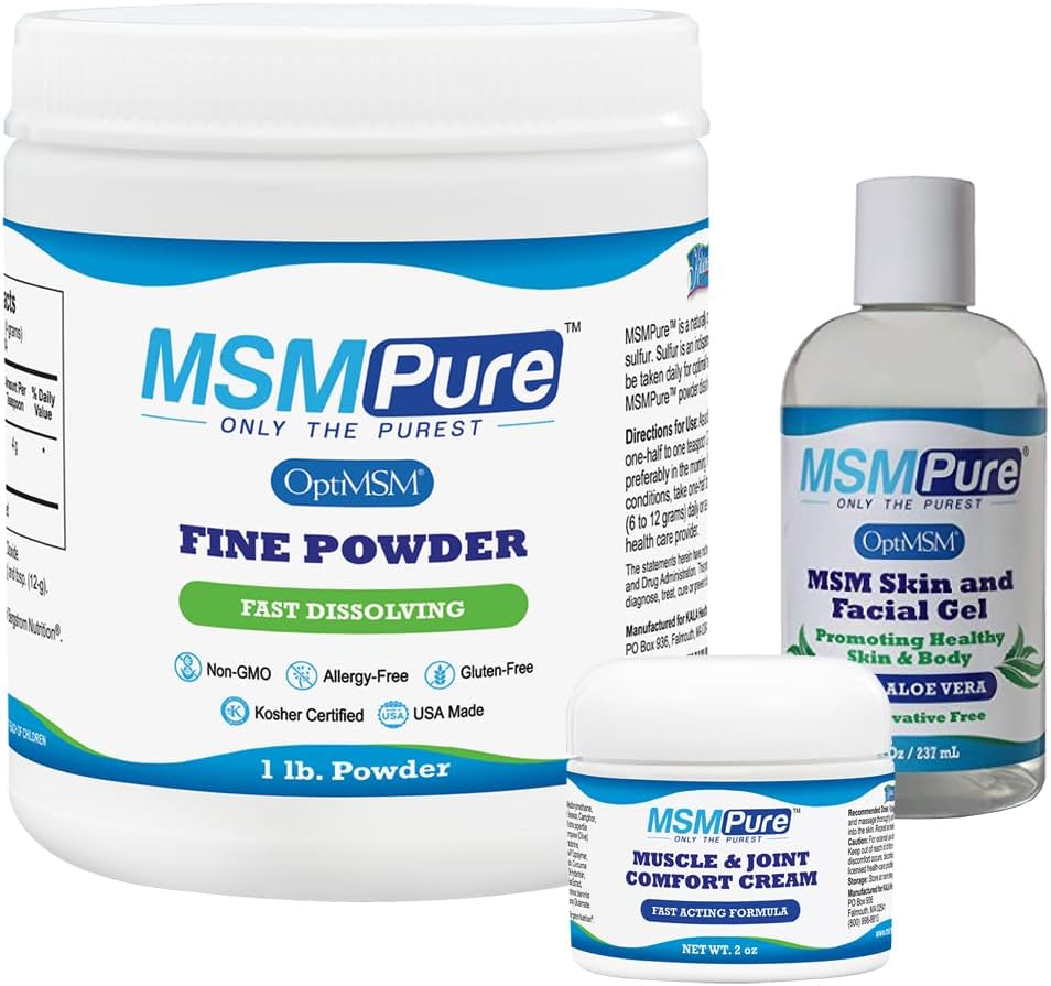 Kala ZDROWIE MMPURE Starter Bundle z MSM Fine Powder 1lb, MSM Muscle & Joint Cream 2oz i MSM Gel z organiczny Aloe 8oz