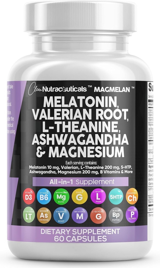 Clean Nutraceuticals Melatonin 10mg Valerian Root L Theanine 200mg Ashwagandha - Wsparcie snu dla kobiet i mężczyzn z kompleksem magnezu, Lemon Balm, Rumianek, & Kwiat Pasji - 60 Czapki