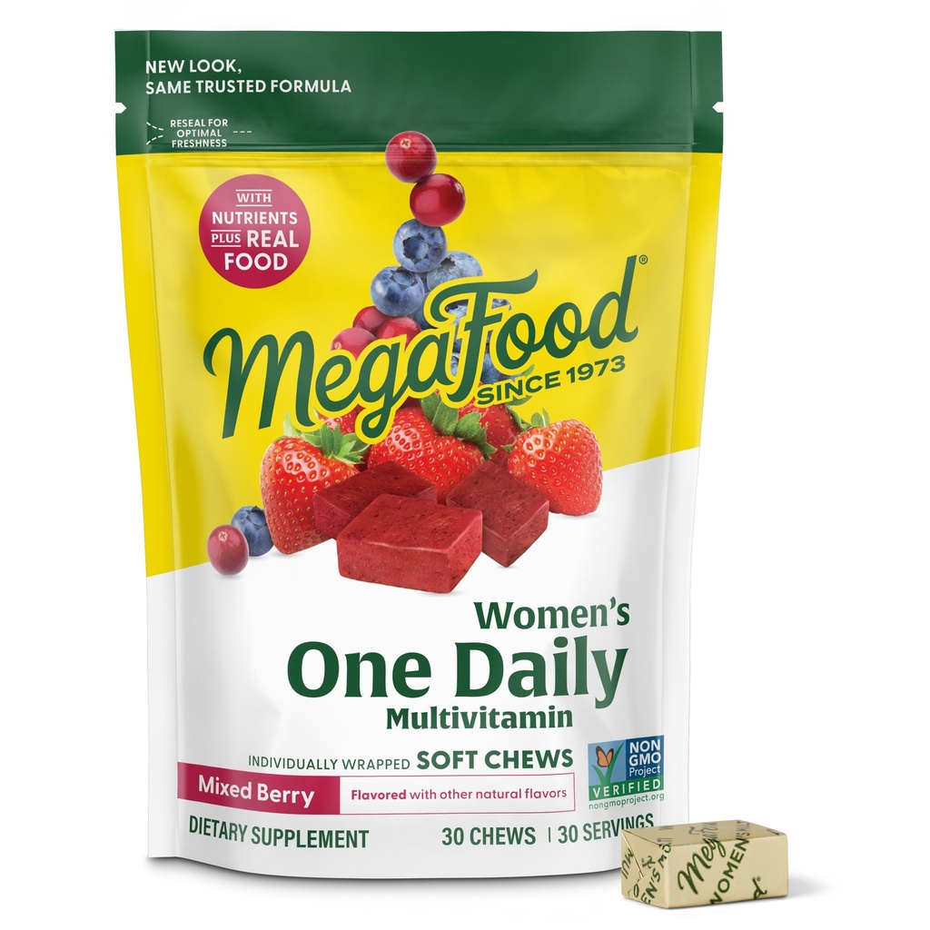 MegaFood Women 's One Daily Multivitamin Soft Chews - Multivitamin dla kobiet z folianem, Witamina B6, B12, Biotin, Witamina D - Pyszne mieszane Berry Flavor - Wegetarianin, Non-GMO - 30 Chews