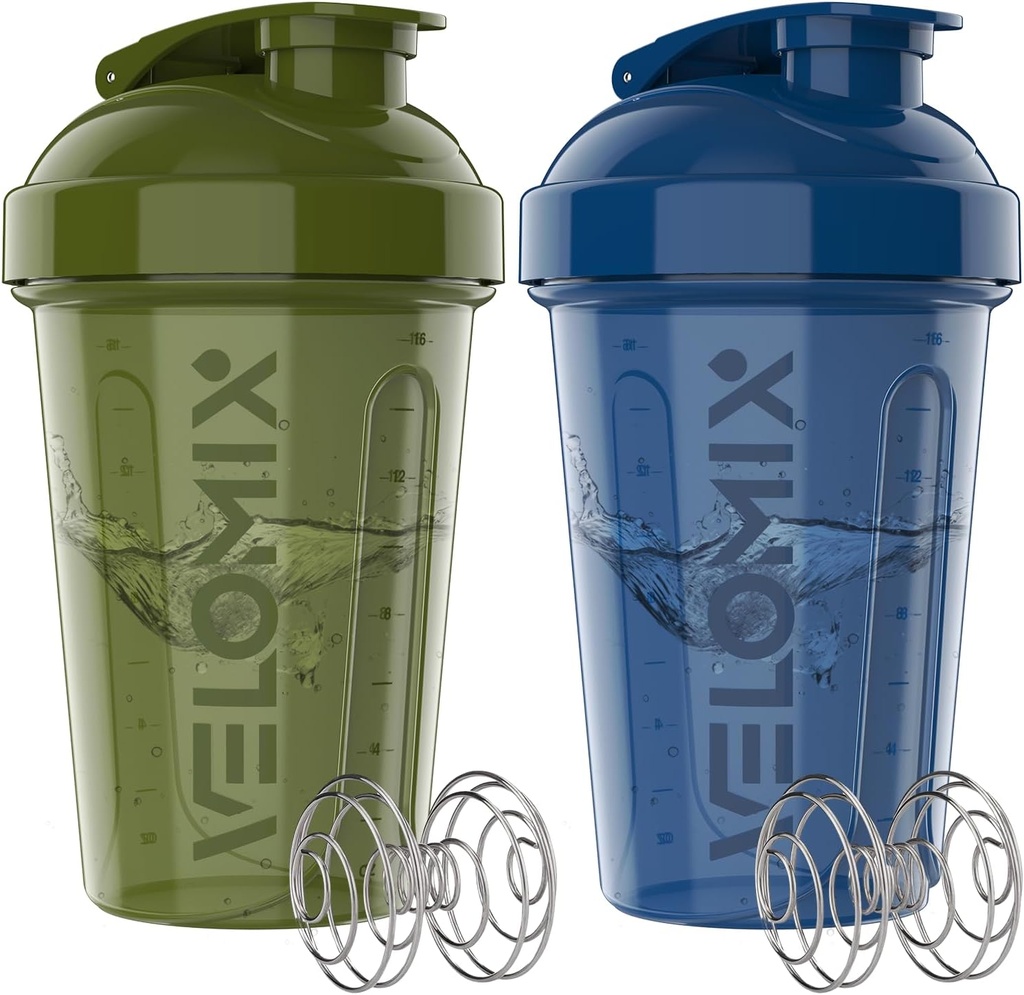 VELOMIX -2 Pack - 20 oz Butelki z shakerem proteinowym do mieszania białek - 2x Whiskey z drutu 124; Pudełka z shakerem do shakesów proteinowych i przed treningiem 124; Butelka z shakerem proteinowym (zielony / niebieski)