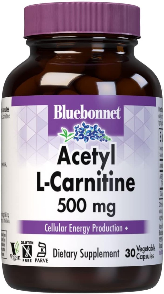 Bluebonnet Nutrition Acetyl L- Karnityna, Transports Fatty Acids, Wzmacnia energię komórkową, Soy & Gluten- Free, Kosher Certified, Wegan, 30 Kapsułki warzyw, biały, 500mg