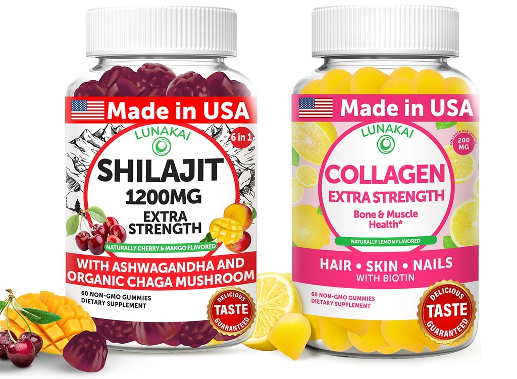 Lunakai USA Made Shilajit & Collagen Dodatkowa siła Gummies Bundle - Energia, Włosy, Skóra i Wsparcie paznokci - Pyszne & Non-GMO