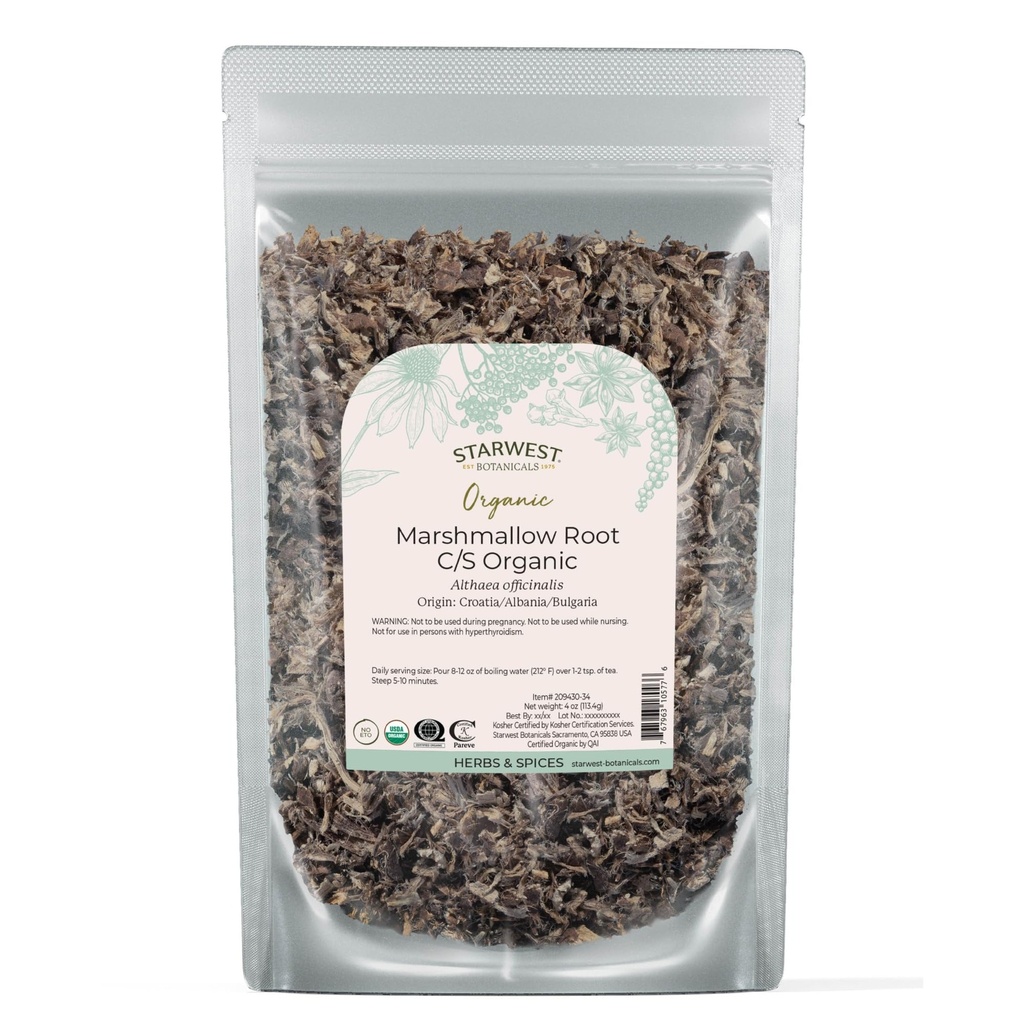 Starwest Botanicals Organic Marshmallow Root - Suszone zioła na herbatę, Loose Leaf Root Herb, Cut & Sifted, Certified Kosher, Non-GMO - 4 oz Pouch