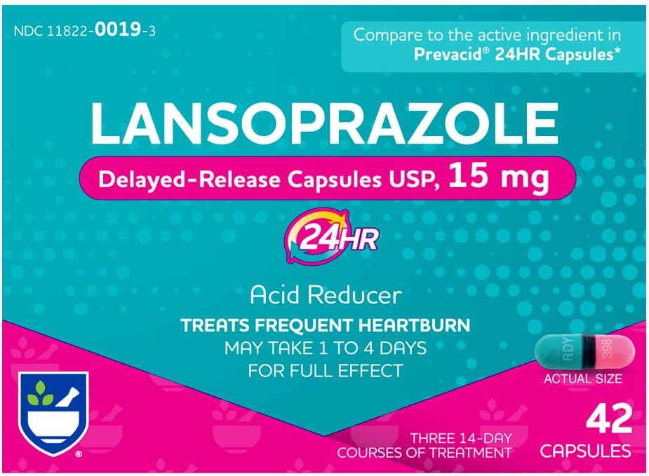 Rite Aid Lansoprazol 15 mg - 42 kapsułki, Acid Reducer Opóźnione uwalnianie kapsułki USP, Heartburn Relief and Acid Refluel, Do 24 Godziny Ulgi