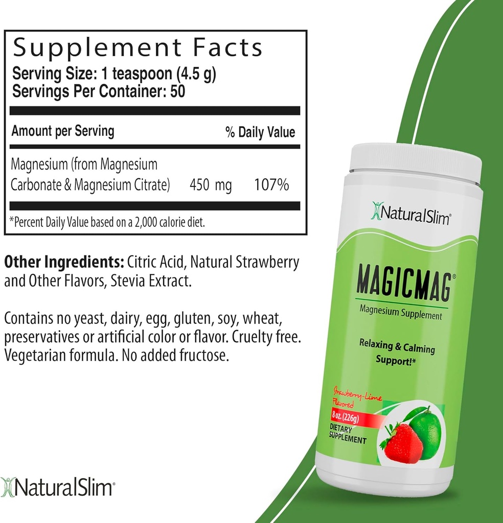NaturalSlim Magicmag Pure Magnezu Citrate Powder - Stres, Zaparcia, Mięśnie i Wspomaganie Serca 124; Natural Truskawka & Lime Flavored suplement magnezu - 8oz Drink Mix (3 Pack)