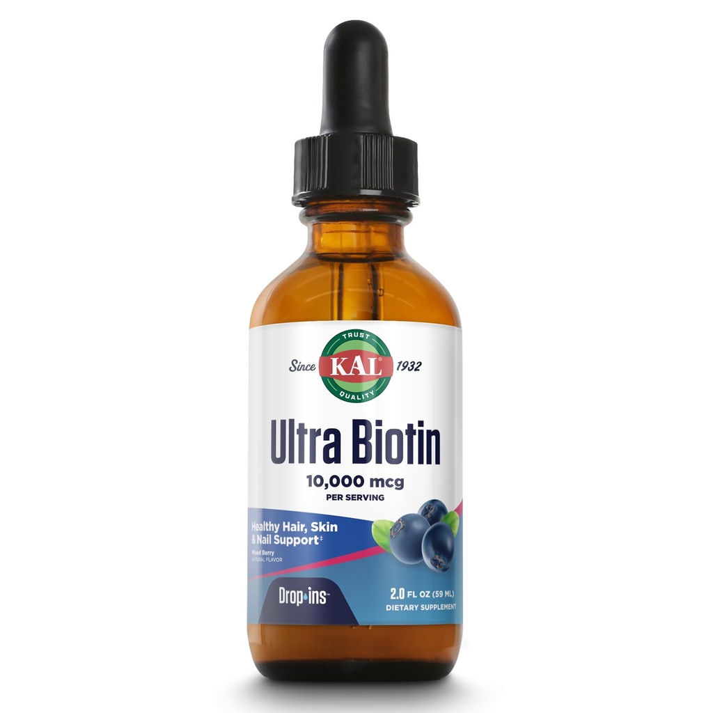 KAL Ultra Biotin 10000mcg DropIns, Płynne Krople Biotin, Suplement wzrostu włosów, Witamina B7 o dużej mocy, Zdrowe włosy, Skóra, Nails and Energy Support, Natural Mixed Berry Flavor, około 59 Serv, 2oz