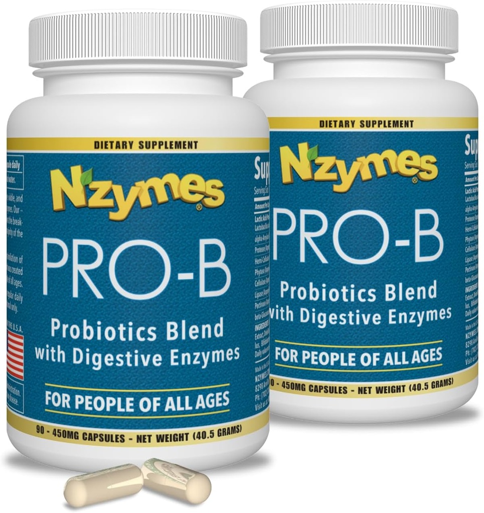 Nzymes ® Pro- B Probiotyki i Enzymy trawienne dla równowagi trawiennej, lepszego trawienia, niestrawności i zaparcia (180 Total Caplets) - Made in The USA