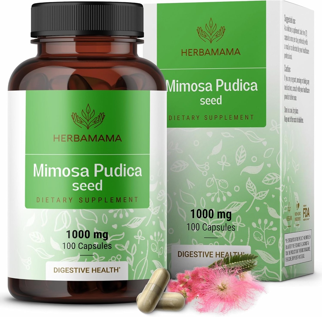 HERBAMAMA Mimosa Pudica Nasienie Kapsułki - 1000mg Mimosa Pudica Ekstrakt Proszek do Oczyszczania i Detox - Wegan, Suplement do Wspomagania Digestive, 100 Czapki