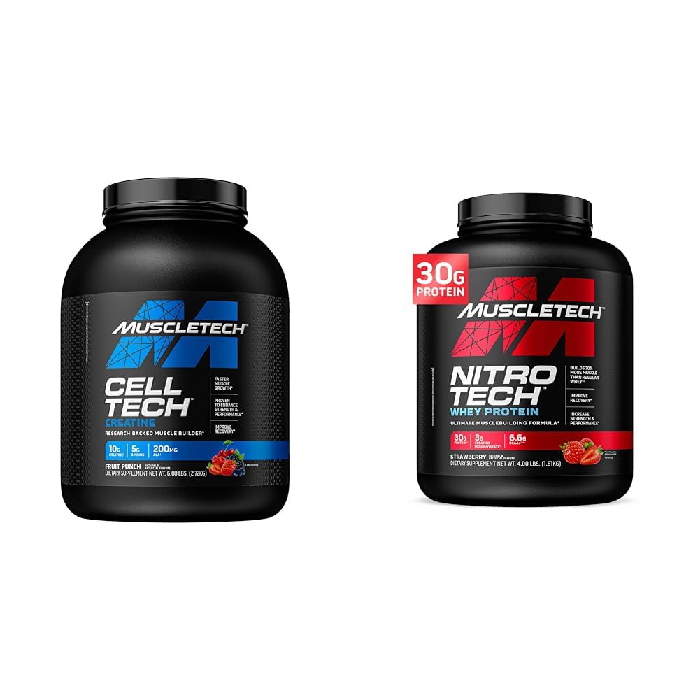 MuscleTech Cell- Tech Creatine Powder & Nitro- Tech Protein Powder Bundle 124; Muscle Builder & Recovery Formuła 124; 6 lbs Creatine & 4 lbs Serwatka 124; Strawberry Flavor