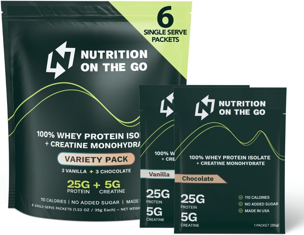 Nutrition On The Go Whey Protein Isolate Pakiety z Creatine - 25g Protein + 5g Creatine - Single- Serve Travel Protein Powder - Variety Pack (Vanilla & Chocolate) (6- Pack)