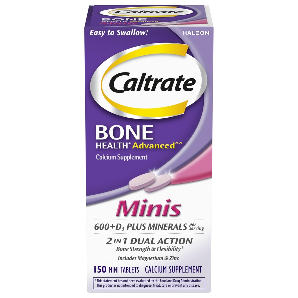 Caltrate Minis 600 Plus D3 Plus Minerały Wapń i witamina D Suplement tabletki, Zdrowie kości i Suplement mineralny dla dorosłych - 150 Liczba