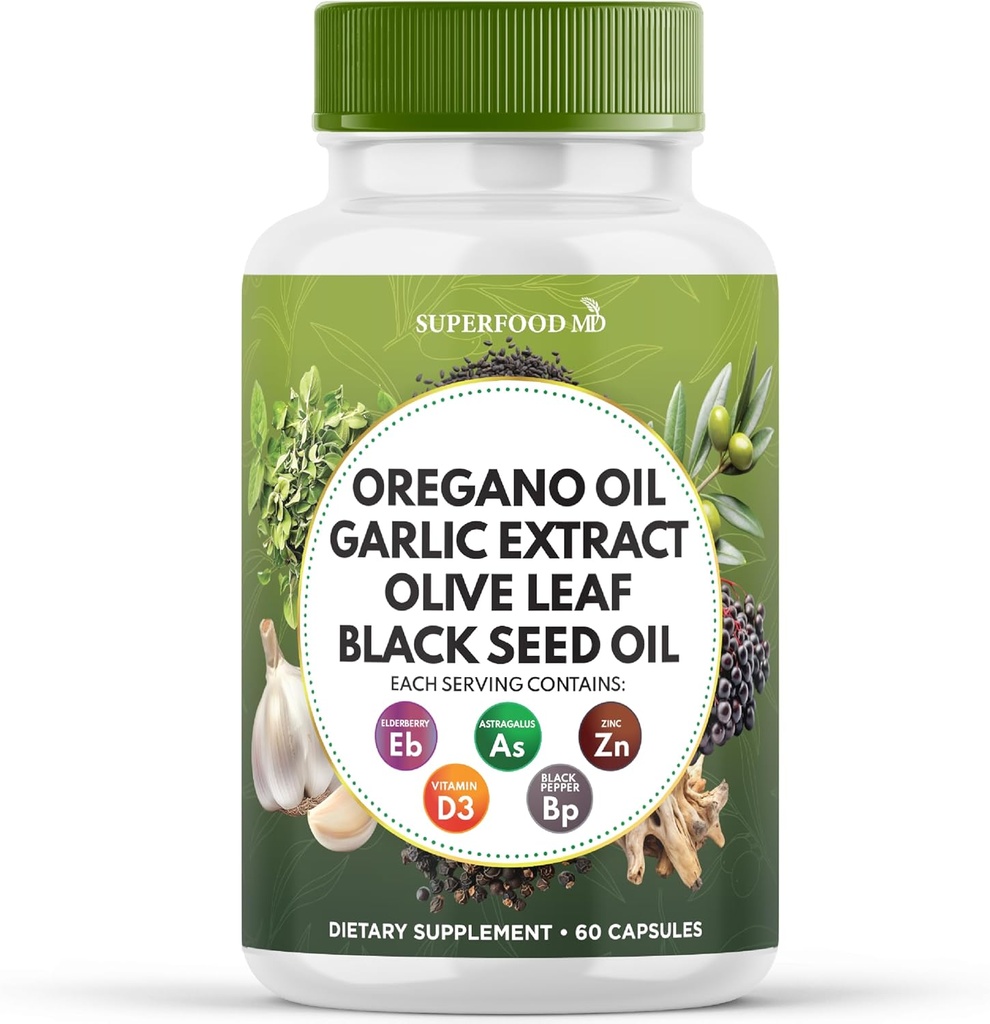 Superfood MD Oregano Oil Garlic Extract Olive Leaf Black Seed Oil Astragalus - dla kobiet i mężczyzn - 60