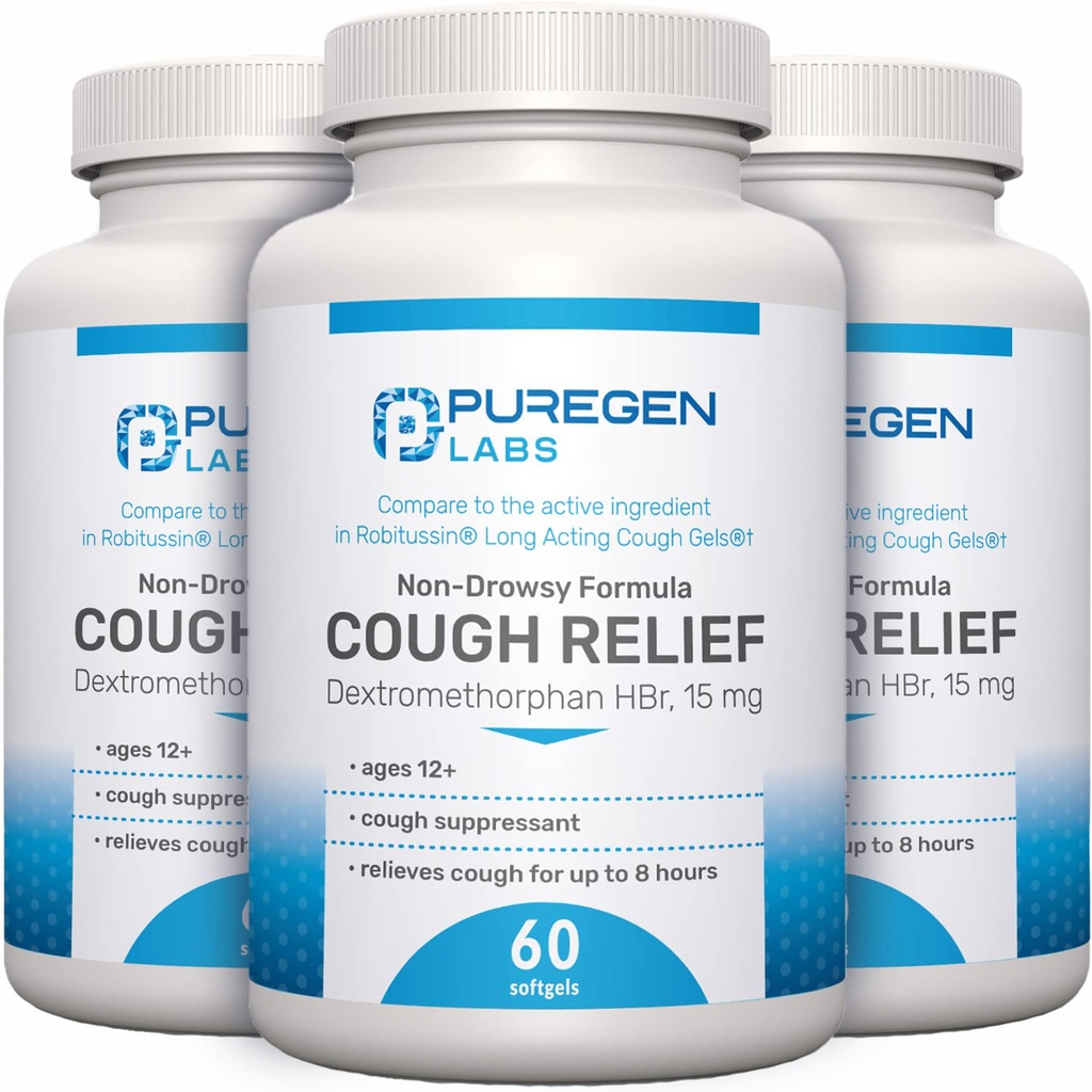 P Puregen Labs Cough Relief dla dorosłych Dextromethorphan HBr 15 mg Xif124; 8- Hour, Non-Drowsy, Long- Lasting Bronchial Suppressant 124; Wiek 12 + Xif124; Porównaj z Robafen i Robitussin - 3 Pack Xif124; Razem 180 Softgels