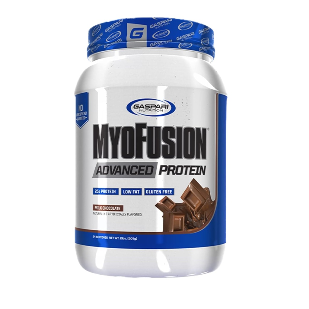 Gaspari Nutrition Myofusion Zaawansowane białko, Mieszanka proteinowa z białkiem serwatkowym, białkiem kazeinowym i białkiem izolacyjnym, wolne od niskiej zawartości tłuszczu i glutenu (2lbs, czekolada)