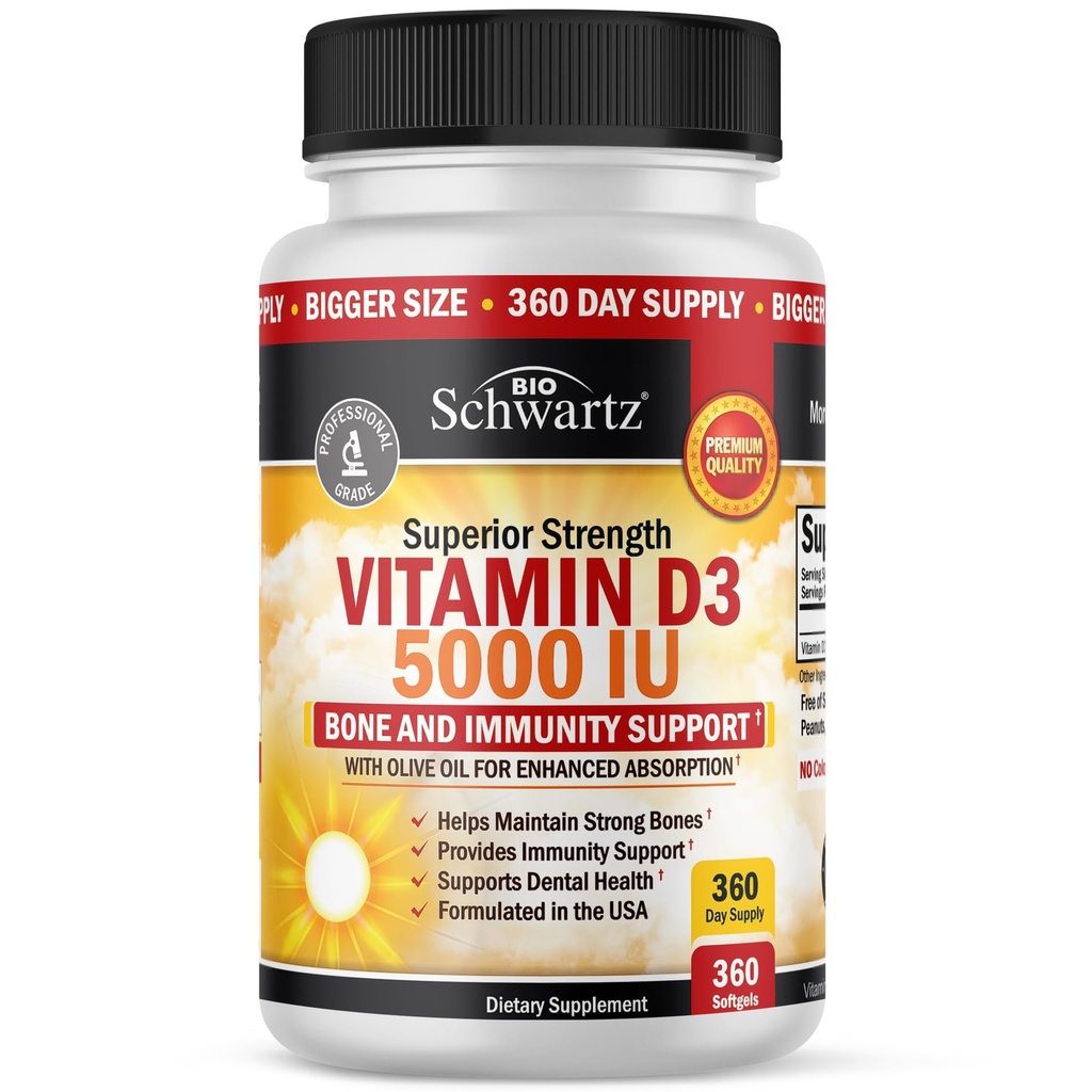 Witamina D3 5000 j. m. (125 μg) Naturalny suplement immunologiczny, Siła kości, Zdrowa czynność mięśni, z oliwą z oliwek dla najwyższej absorpcji, Gluten Free & Non-GMO, 1 Rok dostaw, 360 Softgels