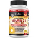 Witamina D3 5000 j. m. (125 μg) Naturalny suplement immunologiczny, Siła kości, Zdrowa czynność mięśni, z oliwą z oliwek dla najwyższej absorpcji, Gluten Free & Non-GMO, 1 Rok dostaw, 360 Softgels