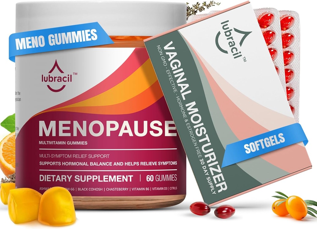 Lubracil Menopauza Gummies & Daily Moisturizer Bundle - Hormone Free Support for Hot Flash, Nocne poty, Suchość waginalna, i swędzenie z Black Cohosh, Ashwagandha, Omega Oils & Sea Buckthorn