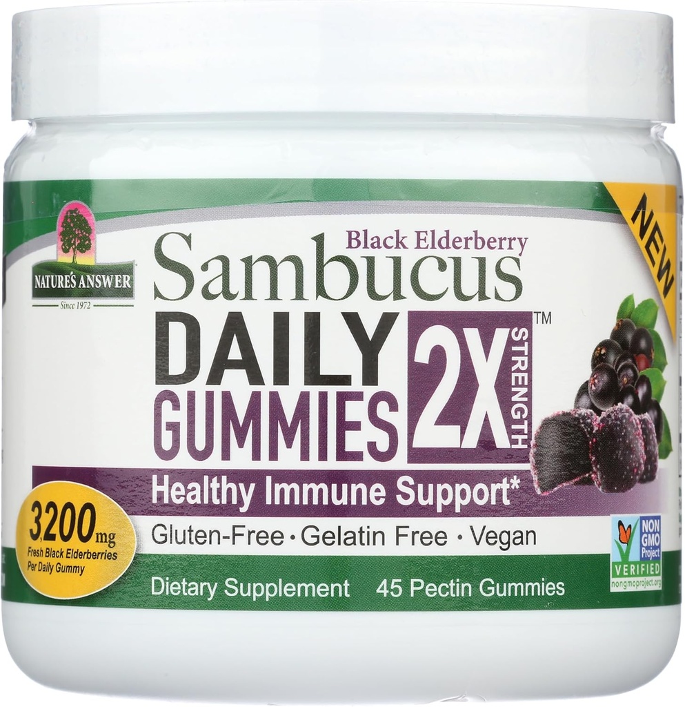 Odpowiedź Przyroda Sambucus Daily Gummies members 124; 2X Więcej Elderberry 3200 mg koncentracja 124; Bezalkoholowe, Bezglutenowe, Żelatyna-Free, Wegan, Non-GMO & Brak środków konserwujących