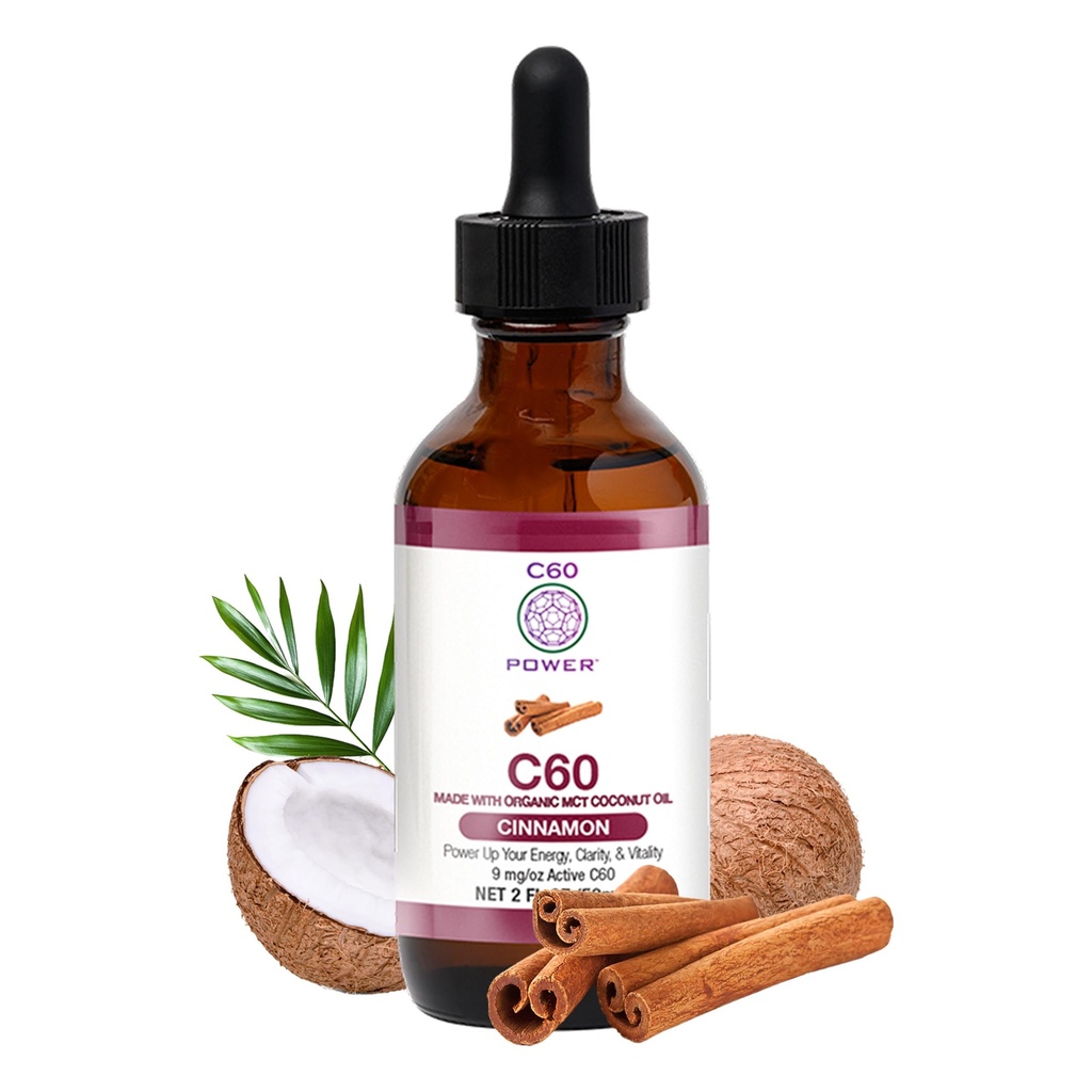 C60 Moc Cynamon zapachowy C60 w organicznym oleju kokosowym MCT - Naturalne Wellness Wsparcie dla mężczyzn i kobiet, 99,99% Czysty Sublimated C60, Promotes Energy, Mental Clarity, & Stamina - 2 fl Oz Butelka