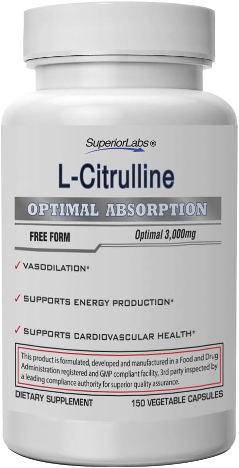 Superior Labs L- Citrulline 3000 mg, Non-GMO, High-Potency Free- Form aminoacid, Nitric Oxide & Vasodial Booster, Pre- Workout Pompa mięśniowa, Endurance, Kardioviral Support, 150 Czapki Veg