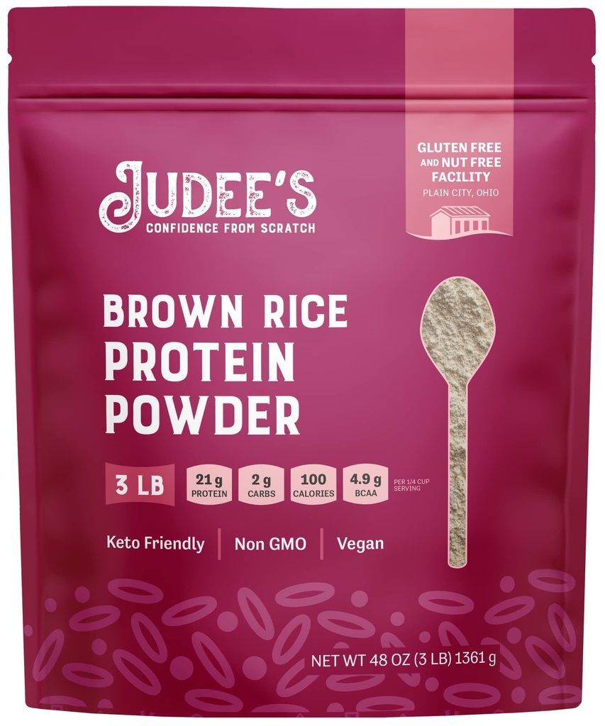 Judee 's gluten Free Brown Rice Protein Powder - Rozpuszczona formuła ryżu - Keto- Friendly Plant- based Nutrition - Dairy & Soy- Free Shake Base - 3 lb, Unflavored, Opakowanie 1