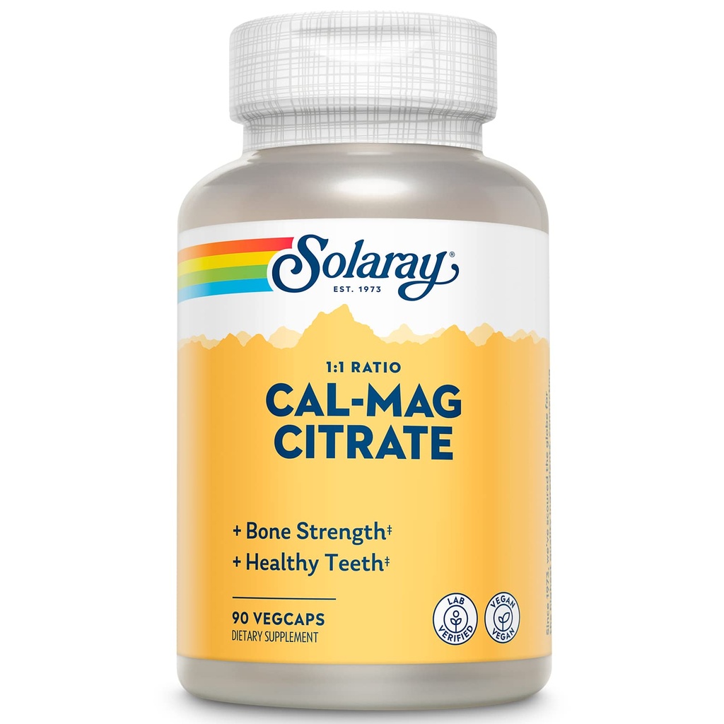 Solaray Wapnia Magnezu Cytrynian 1000mg 1: 1 Stosunek, Supplement siły kości, Mięśnie, System nerwowy i wsparcie zdrowia kości, Chelated for High Absorption, Delikatne trawienie, 15 Służenia, 90 VegCaps