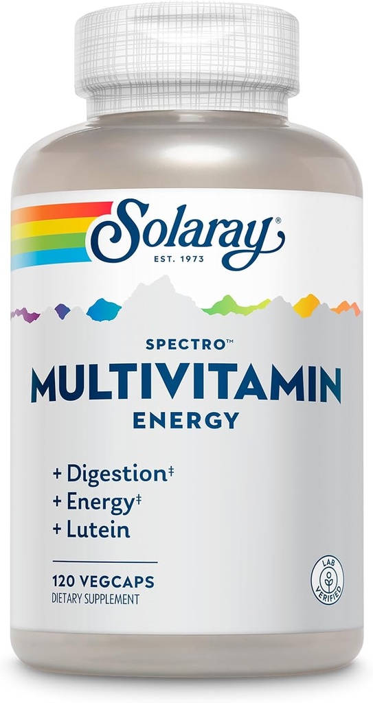 SOLARAY Spectro Energy Multivitamin dla kobiet i mężczyzn - Energia komórkowa, trawienie, zdrowie oczu i wsparcie immunologiczne - w / witamina A, kompleks witaminy B, CoQ10, żelazo, enzymy, luteina - 30 Serv, 120 VegCaps