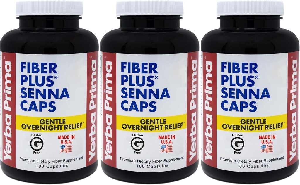 Yerba Prima Fiber Plus Kapsułki Senna, 180 Hrabia (Pack of 3) - 118 Służenia delikatnej pomocy w ciągu nocy, USA Made, Non-GMO, do krótkotrwałego użycia do przywrócenia regularności