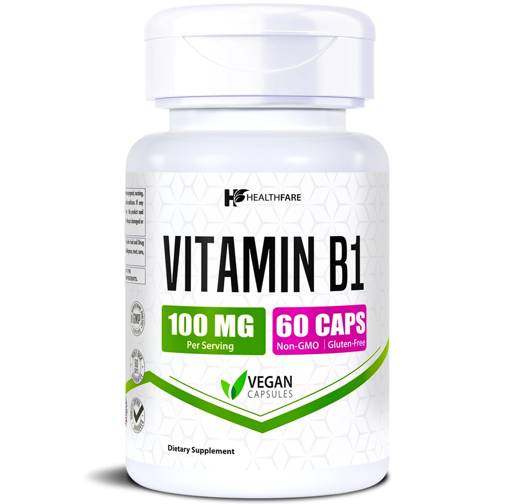 Healthfare Vitamin B1 100mg | 60 Capsules | Thiamine Supplement | Supports Overall Health | Non-GMO | Gluten Free (60 Capsules)