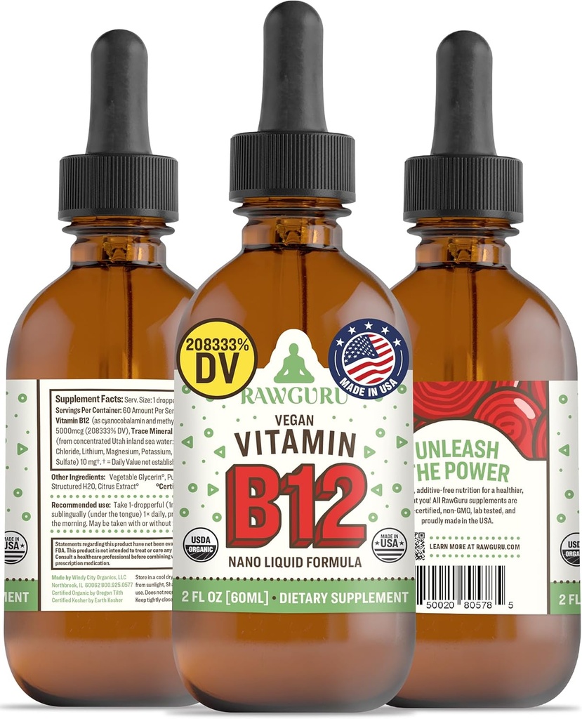 RawGuru Witamina B12 Liquid Supplement - Organic Vegan Liquid B12 with Trace Minerals - Nano- przetworzone przeciwutleniacze i suplement immunologiczny Tincture - 60 Servings of Vegan Drops per 60 ml, Opakowanie 1