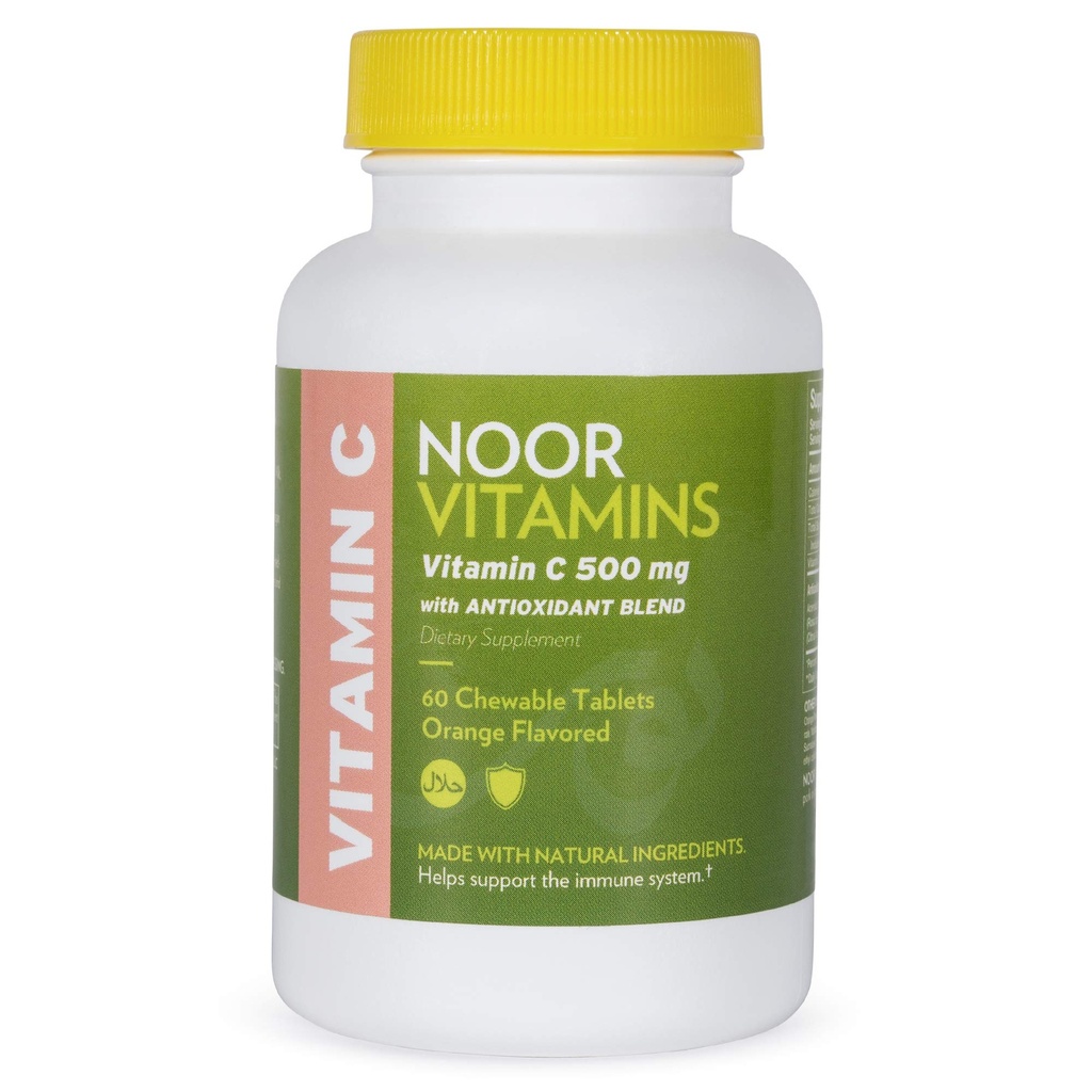 Noor Witaminy 500 MG Witamina Halal C Tabletki do rozgryzania i żucia + Rose HIPS i przeciwutleniacze I Wspiera system immunologiczny I Vegan, Gluten Free & Halal Witamina 60 Pomarańczowe tabletki do rozgryzania i żucia