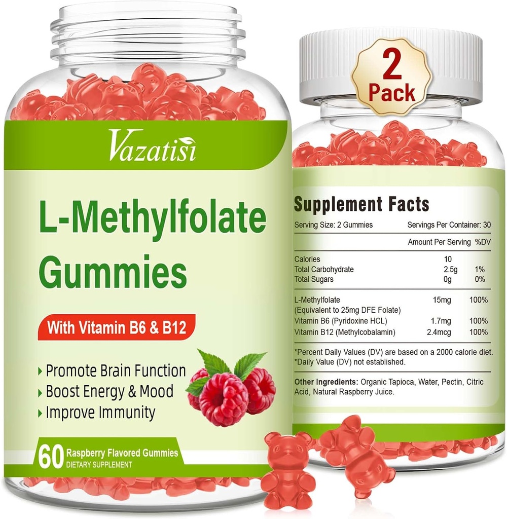 L- Metylfolan 15 mg Gumiaki z metylu B12, suplement foliowy dla nastroju, Zdrowie mózgu, Wsparcie immunologiczne, Malina Flavor, 120 Liczba