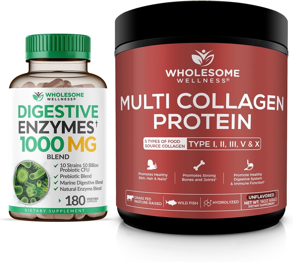 Whitesome Wellness Digestive Enzymes 1000MG Plus Prebiotyki i suplement do probiotyki + Proszek zawierający białko kolagenowe hydrolizowane (typ I II III V X)