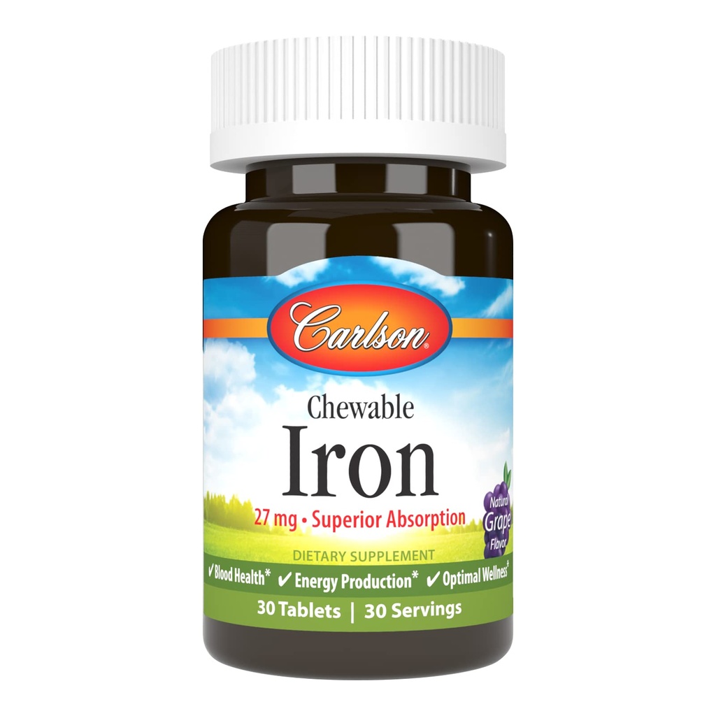 Carlson Żelazo do żucia 27 mg, winogrono, zdrowie krwi, 30 tabletek