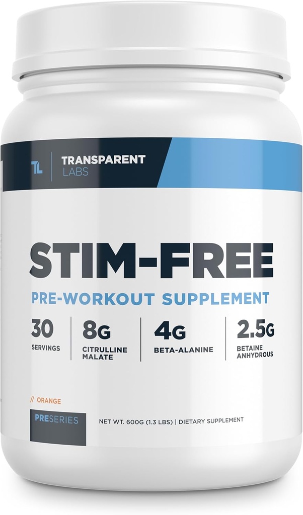 Transparent Labs Free Stim- Trening - Kofeina i Stim Free Pre Workout Proszek dla mężczyzn i kobiet z Beta Alanine Proszek, Cytrulina Malate, & elevatP - 30 Służenia, Pomarańcza