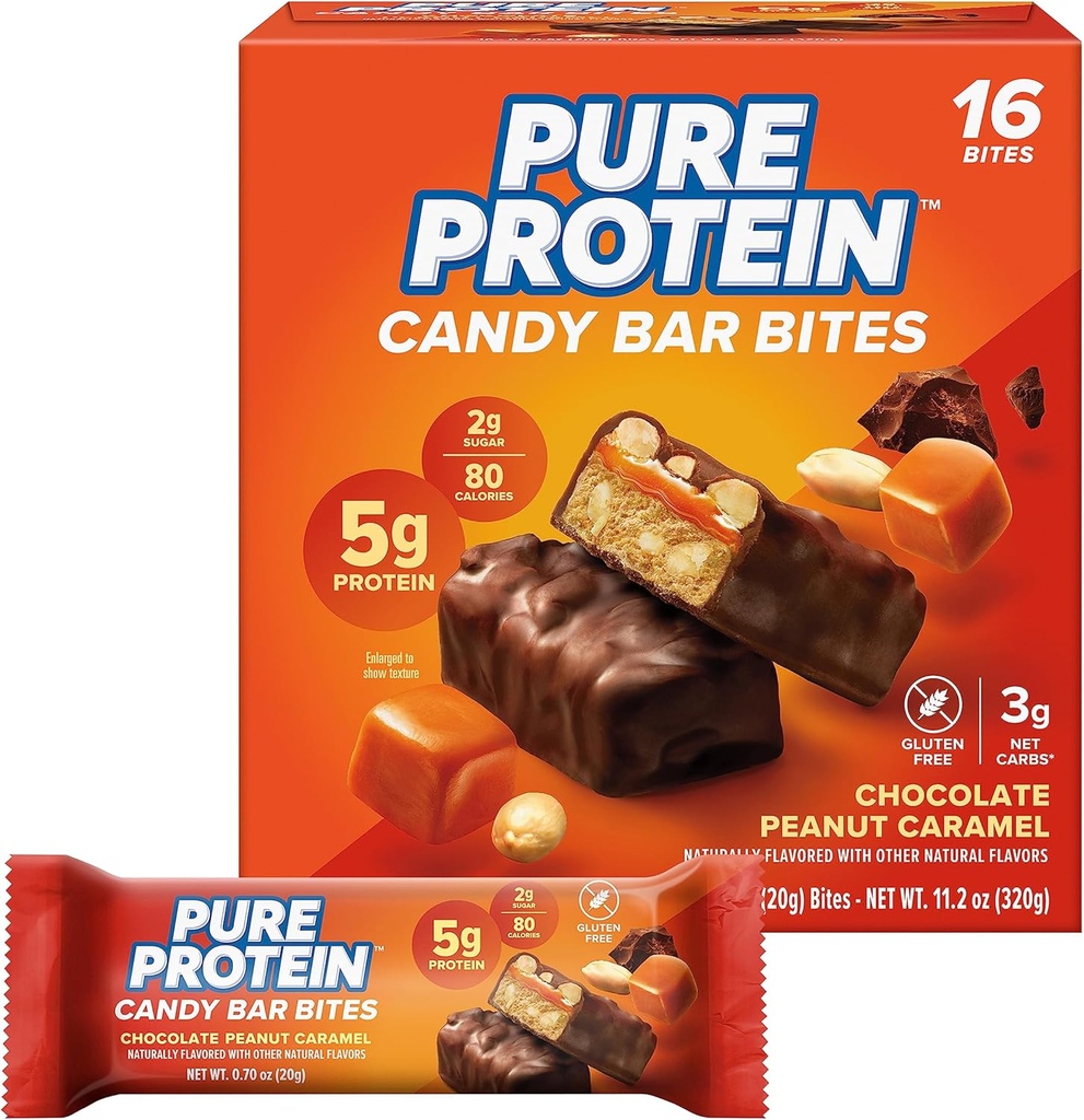 Pure Protein Candy Bar Bites, Czekoladowy karmel orzechowy, 5 g białka, Gluten Free, niski cukier, 0,70 oz, 16 opakowań (Packaging May Vary)