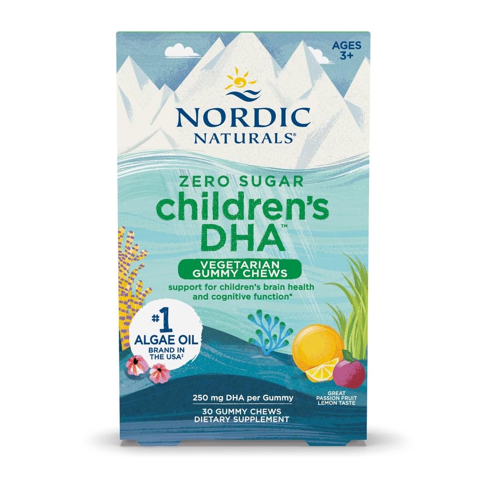 Nordic Naturals Zero Sugar Dzieci DHA Wegetarian Gummy Chews - Passion Fruit Lemon Flavor - 30 Gummies - Vegan Algae Oil Omega-3 Suplement dla Kids Brain & Cognition Support - 30 Służenie