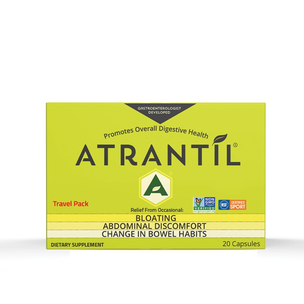 Atrantil Travel Pack (20 hrabiego): wzdęcia, dyskomfort brzucha, i zmiany w łonie