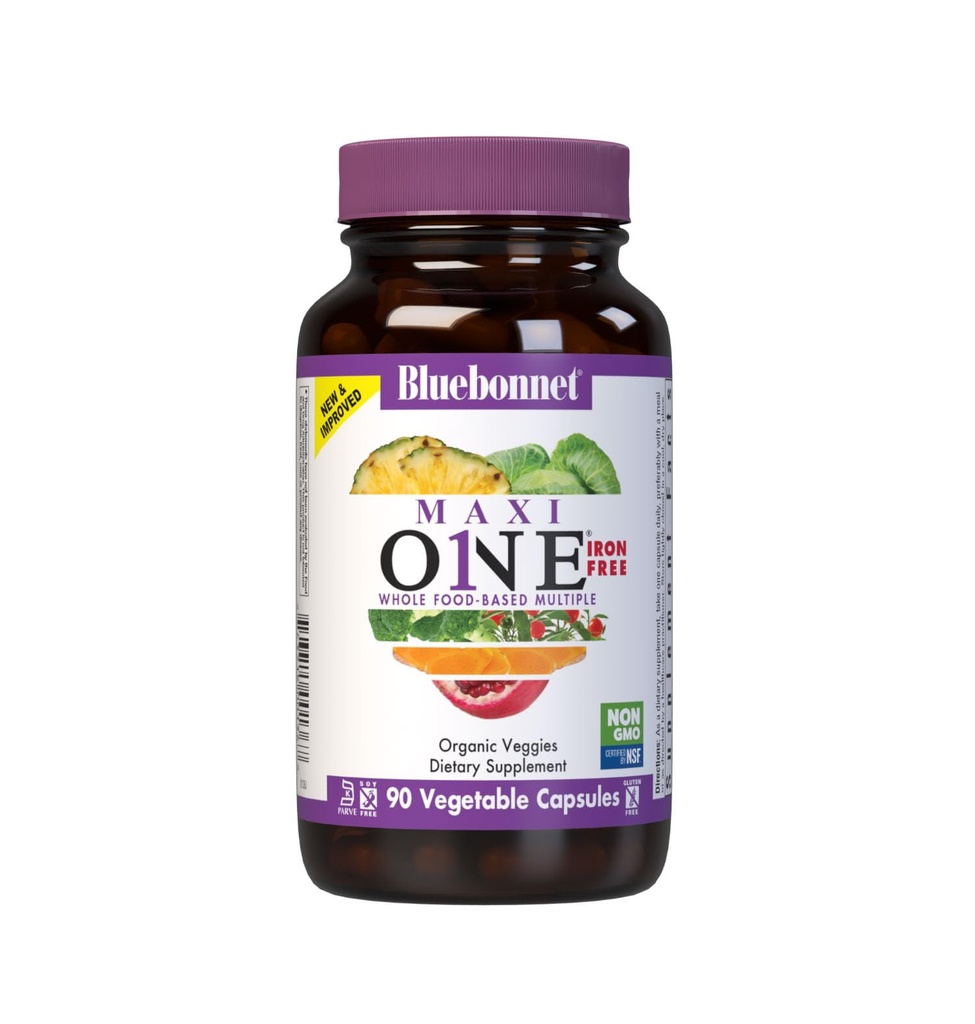 Bluebonnet Nutrition Maxi One (Iron- Free), Whole Food Multiple, Enzymy, Energia, Witalność, Gluten, Soy & Green Free, Kosher, Wegetariański Przyjazny, Non-GMO, 90 Hrabia