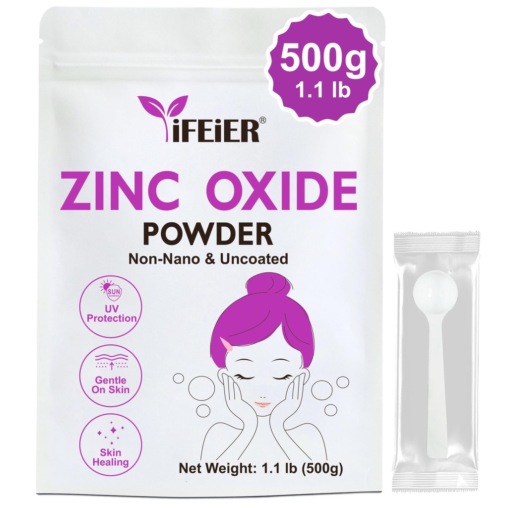 iFEIER Proszek tlenkowy cynku 124; 500 g (1,1 lb) 100% Czysty Nano Uncoted Cynk tlenek proszek do ochrony skóry 124; Produkty kosmetyczne idealne do filtrów przeciwsłonecznych DIY, Płyn, Deodorant i Skincare